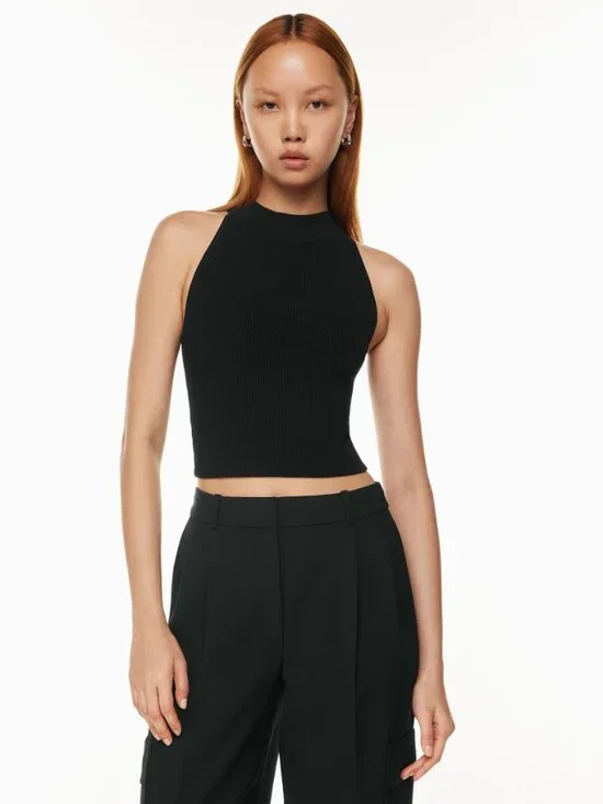 NWOT Aritzia BABATON Sculpt Knit Black Ribbed Cropped Halter Tank Top, Size L - Picture 9 of 13
